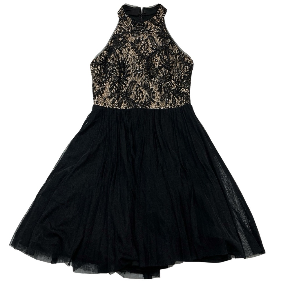 Vintage Escape‎ Y2K Dress 6 Black Mini Tulle Netting Lace Sequin High Neck Event
